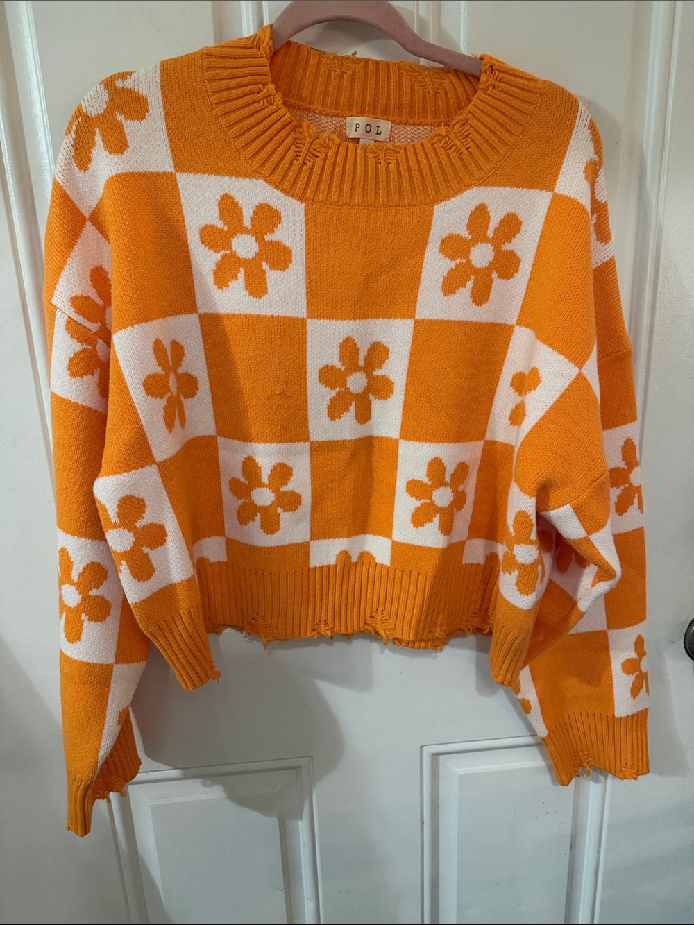 POL Orange and White Checkerboard Floral Crewneck Sweater